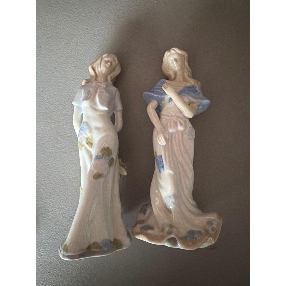 Vintage Porcelain Victorian Lady Figurines Set of 2 Pastel Floral Blue Pink 8.5"
